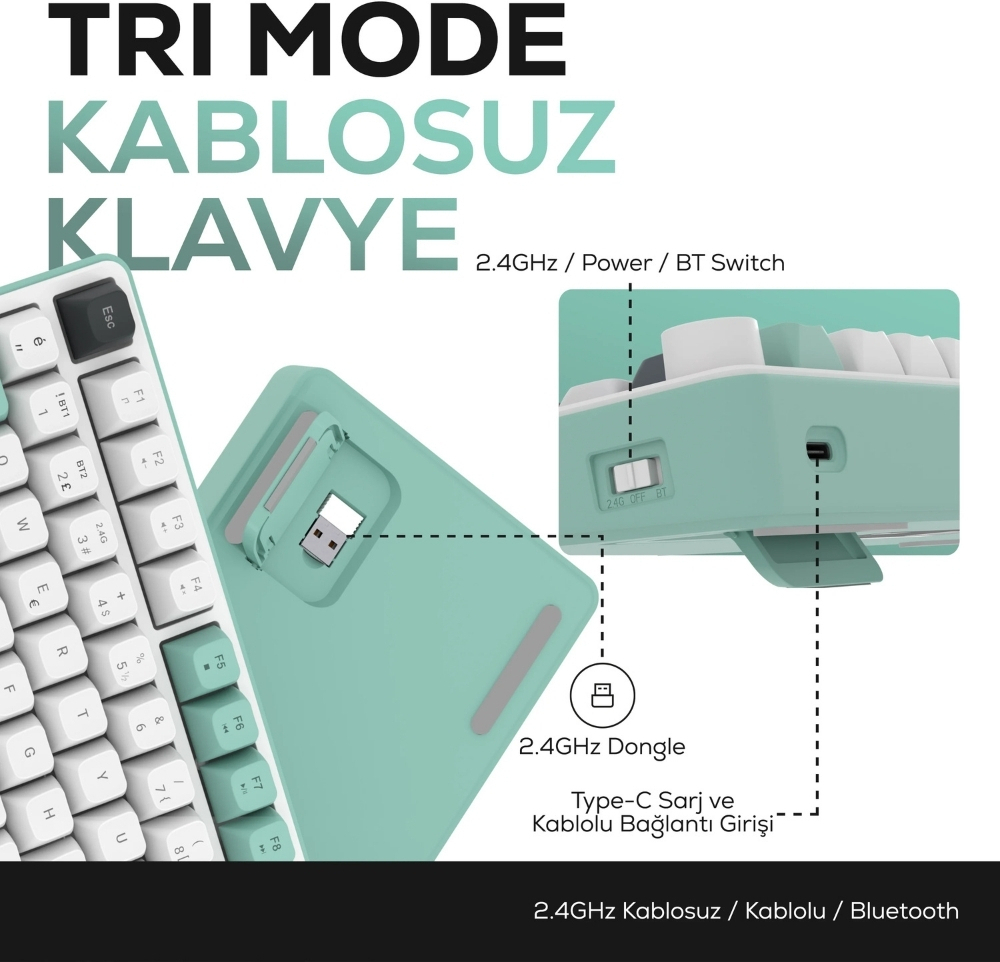 Hawk Gaming HK255WG Membrane LCD RGB Kablosuz/Bluetooth Gri Yeşil %75 Türkçe Gaming Klavye