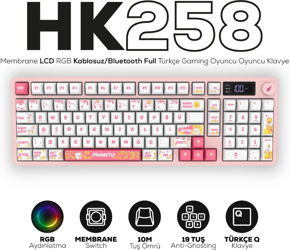 Hawk Gaming HK258WP Membrane LCD RGB Kablosuz/Bluetooth Beyaz Pembe Full Türkçe Gaming Klavye