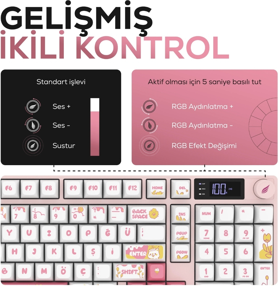 Hawk Gaming HK258WP Membrane LCD RGB Kablosuz/Bluetooth Beyaz Pembe Full Türkçe Gaming Klavye