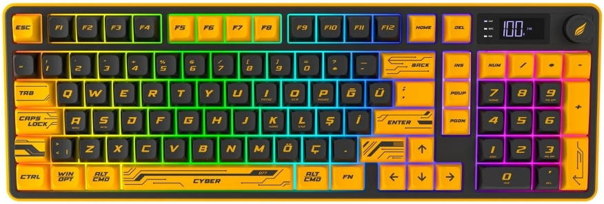 Hawk Gaming HK258CY Membrane LCD RGB Kablosuz/Bluetooth Cyber Sarı Siyah Full Türkçe Gaming Klavye
