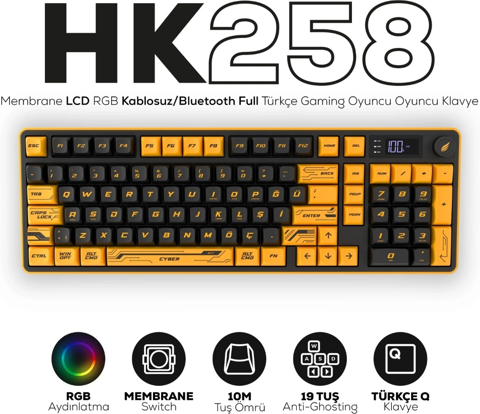 Hawk Gaming HK258CY Membrane LCD RGB Kablosuz/Bluetooth Cyber Sarı Siyah Full Türkçe Gaming Klavye