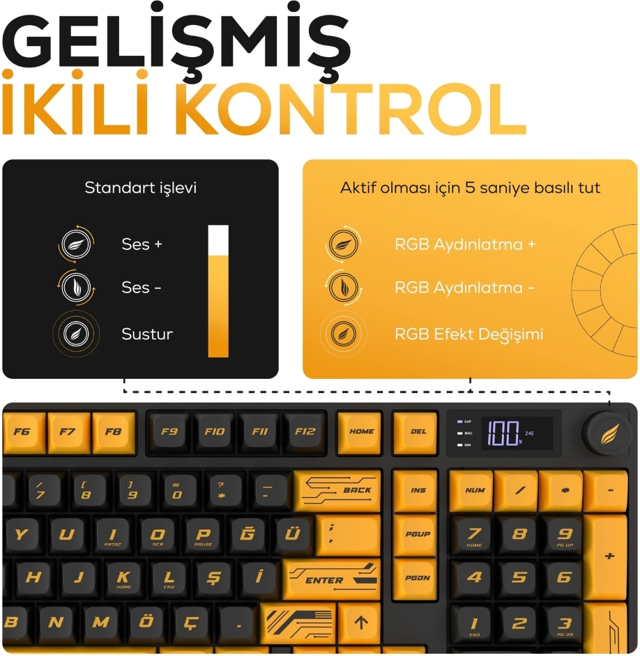 Hawk Gaming HK258CY Membrane LCD RGB Kablosuz/Bluetooth Cyber Sarı Siyah Full Türkçe Gaming Klavye