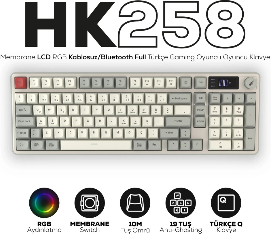 Hawk Gaming HK258RK Membrane LCD RGB Kablosuz/Bluetooth Kırmızı Haki Full Türkçe Gaming Klavye