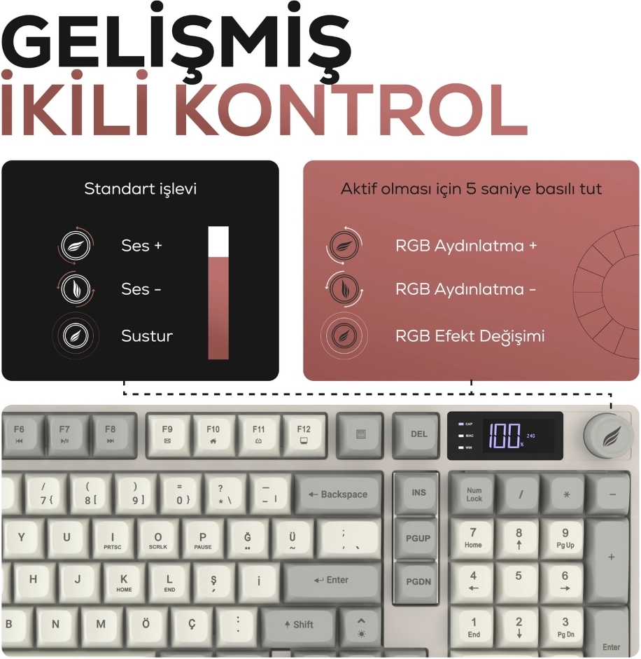 Hawk Gaming HK258RK Membrane LCD RGB Kablosuz/Bluetooth Kırmızı Haki Full Türkçe Gaming Klavye