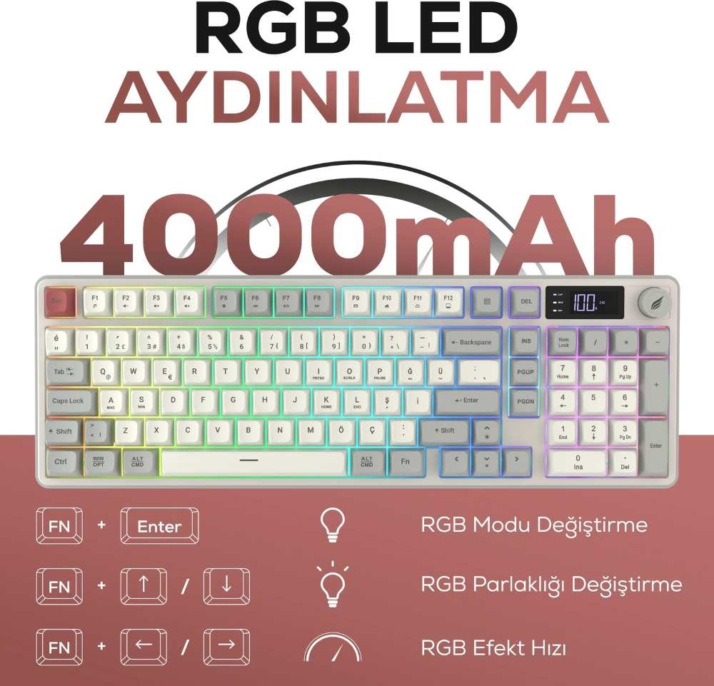 Hawk Gaming HK258RK Membrane LCD RGB Kablosuz/Bluetooth Kırmızı Haki Full Türkçe Gaming Klavye