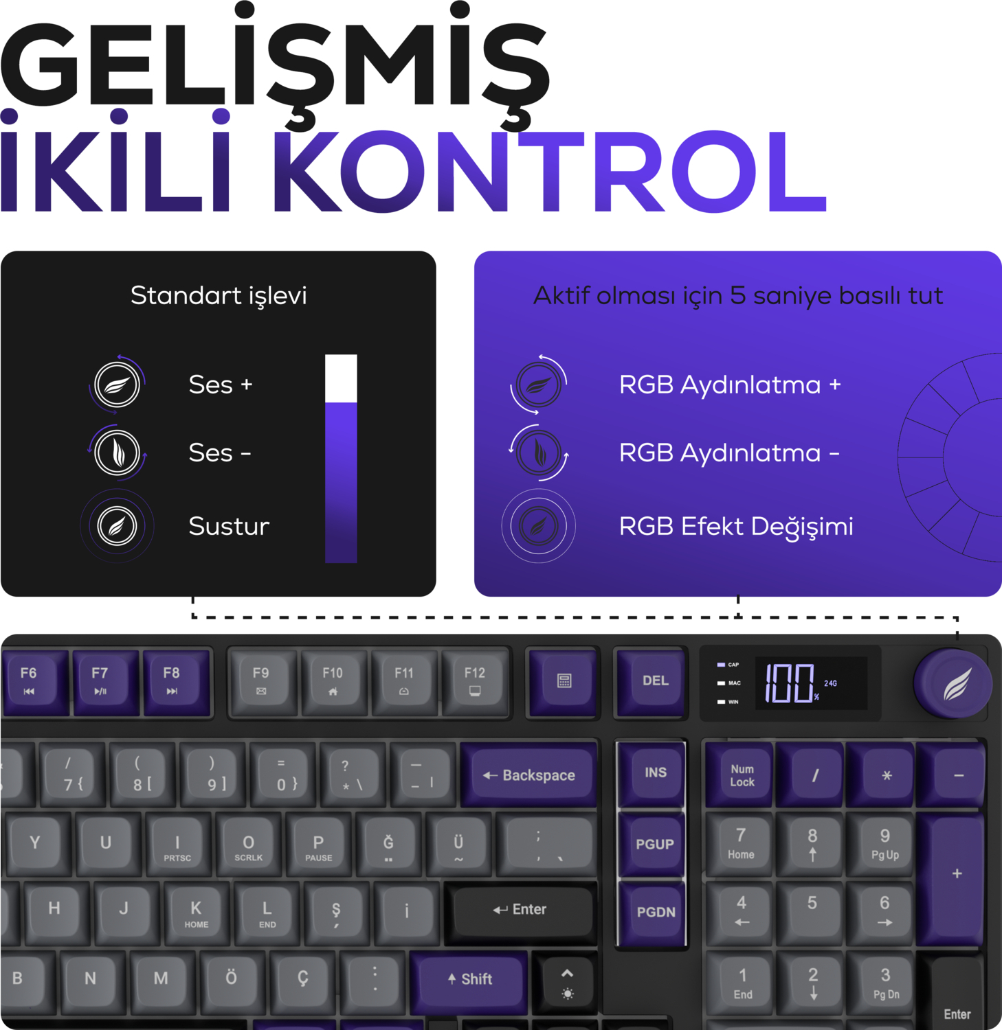 Hawk Gaming HK258GP Membrane LCD RGB Kablosuz/Bluetooth Gri Mor Full Türkçe Gaming Klavye