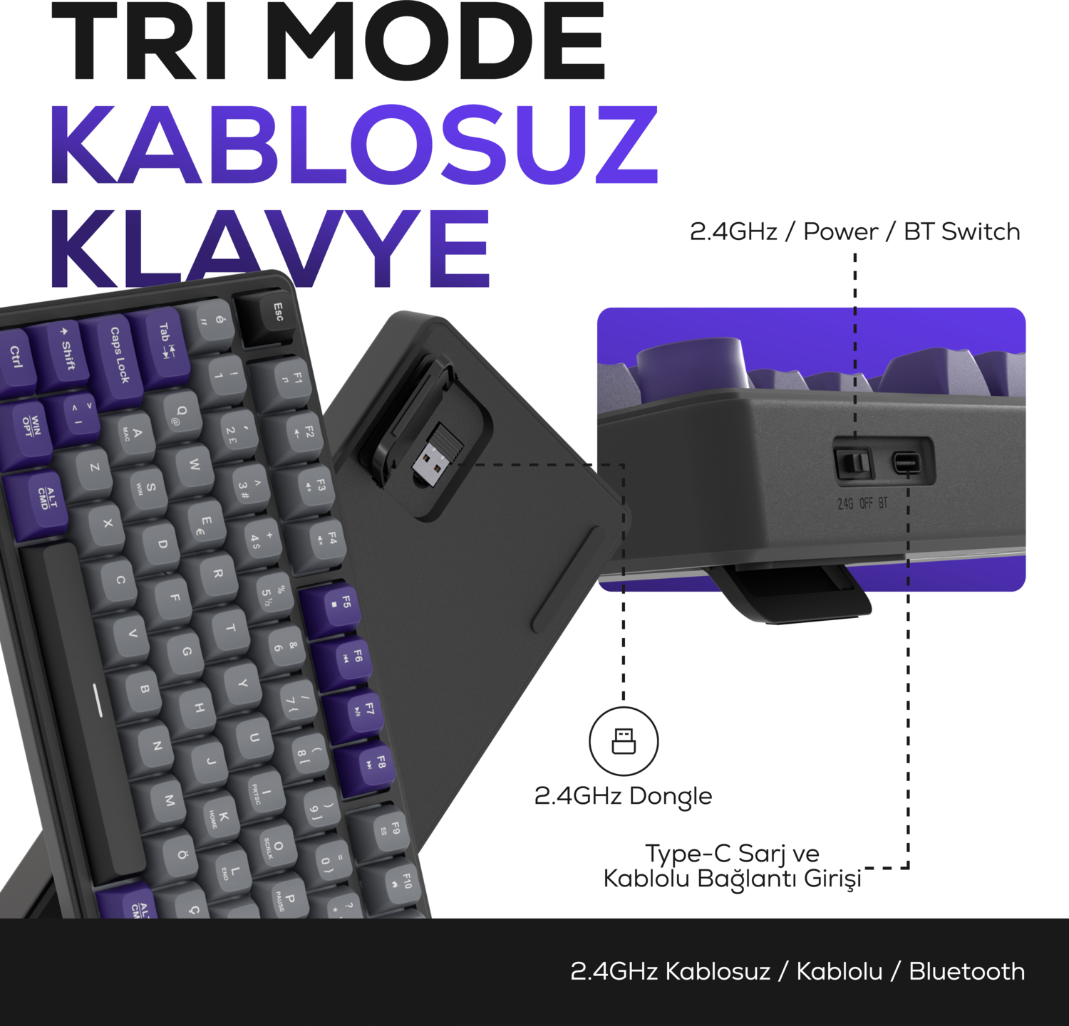 Hawk Gaming HK258GP Membrane LCD RGB Kablosuz/Bluetooth Gri Mor Full Türkçe Gaming Klavye