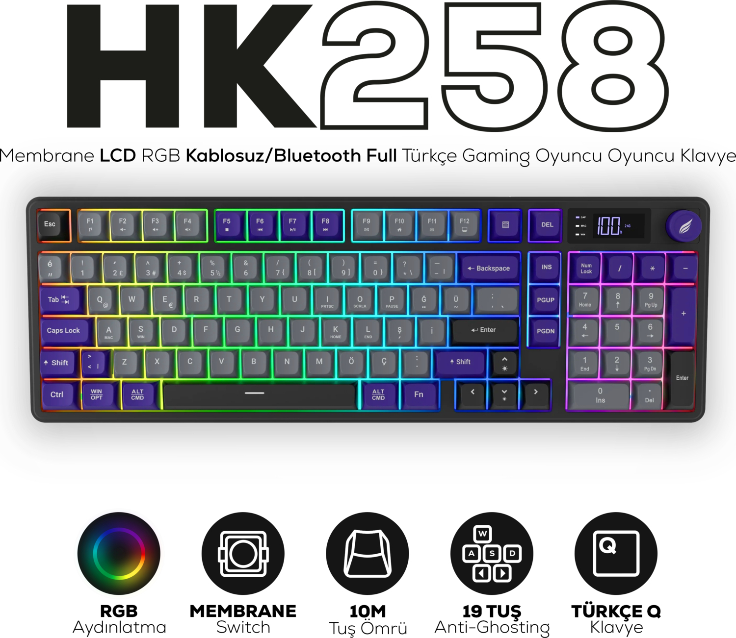 Hawk Gaming HK258GP Membrane LCD RGB Kablosuz/Bluetooth Gri Mor Full Türkçe Gaming Klavye