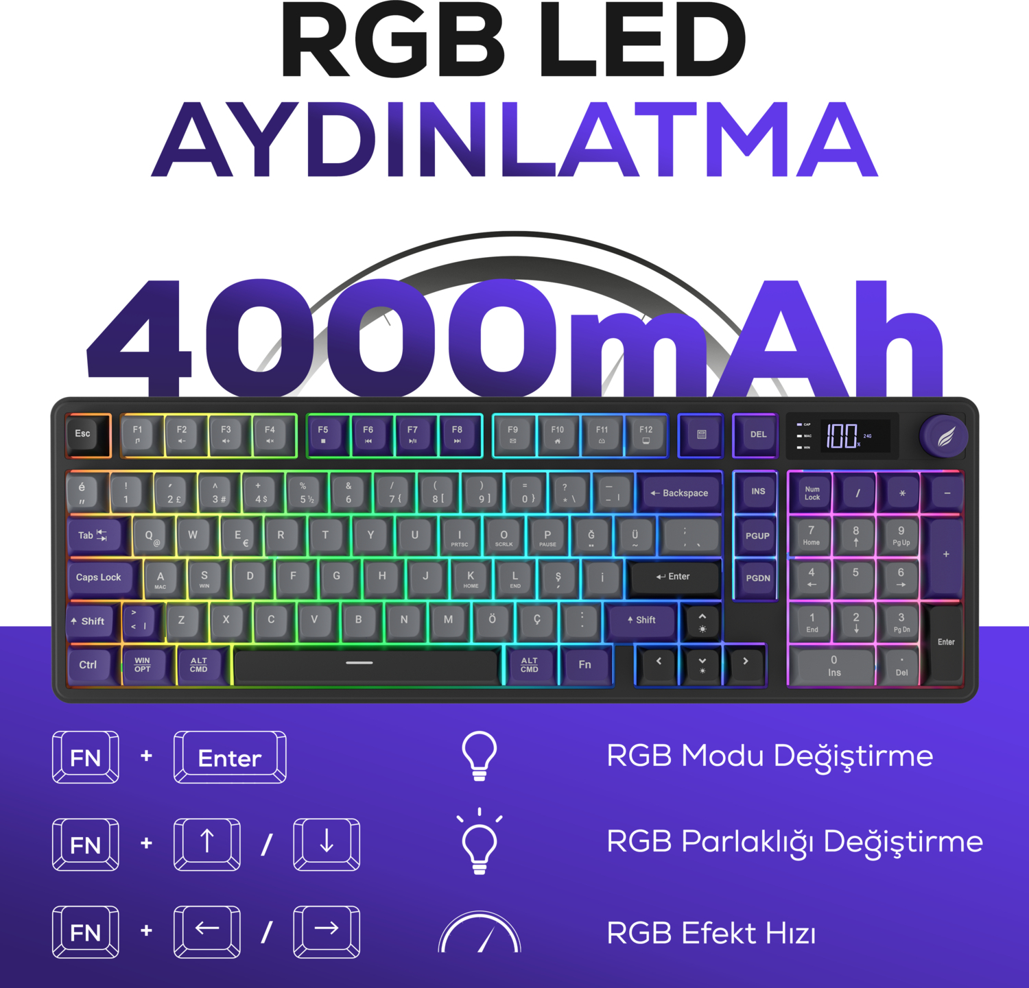 Hawk Gaming HK258GP Membrane LCD RGB Kablosuz/Bluetooth Gri Mor Full Türkçe Gaming Klavye