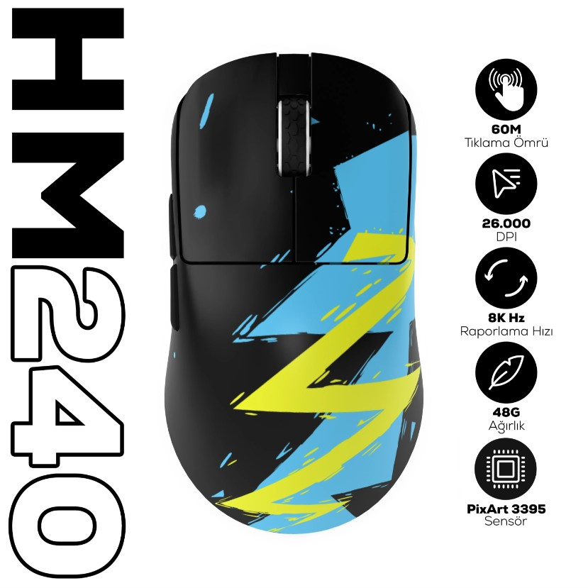 Hawk Gaming HM240 8K Hz 26000 DPI PixArt 3395 Tri-Mode Kablosuz/Bluetooth Siyah Gaming Mouse