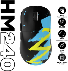 Hawk Gaming HM240 8K Hz 26000 DPI PixArt 3395 Tri-Mode Kablosuz/Bluetooth Siyah Gaming Mouse