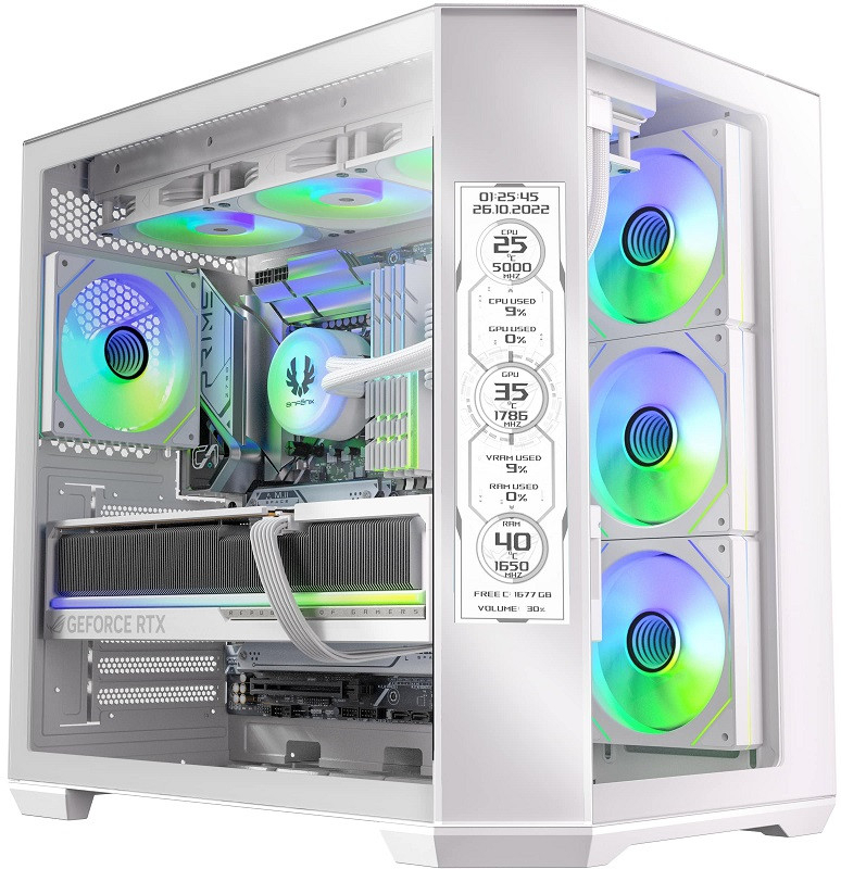 Bitfenix Digital T10 EF White 850W 8.8″ Ekran 80+ Bronze 4x120mm ARGB Fan ATX Temperli Cam Beyaz Gaming Kasa