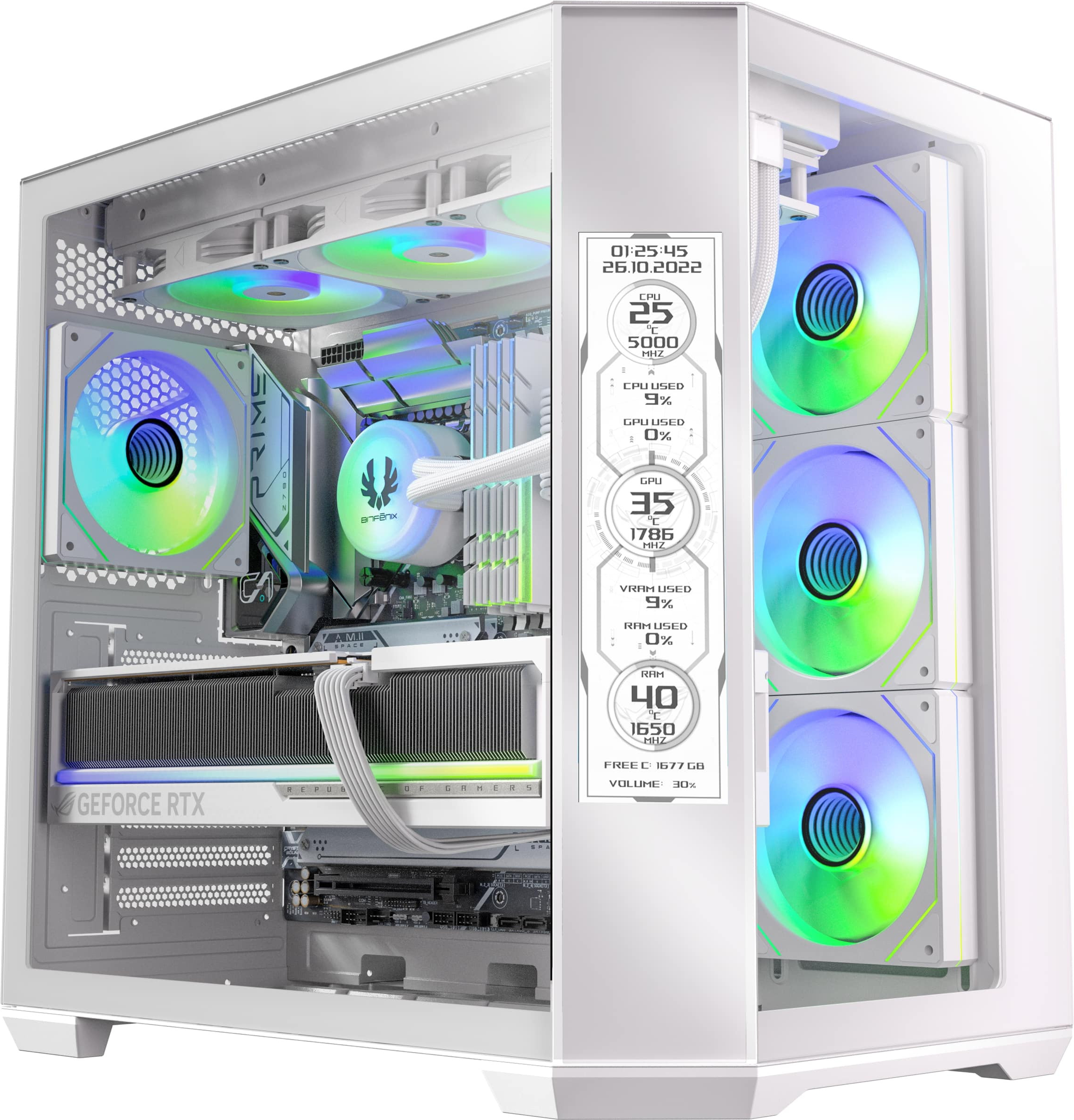 Bitfenix Digital T10 EF White 850W 8.8″ Ekran 80+ Bronze 4x120mm ARGB Fan ATX Temperli Cam Beyaz Gaming Kasa