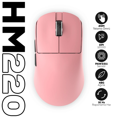 Hawk Gaming HM220P 1K Hz 12000 DPI Tri-Mode Kablosuz/Bluetooth Pembe Gaming Mouse