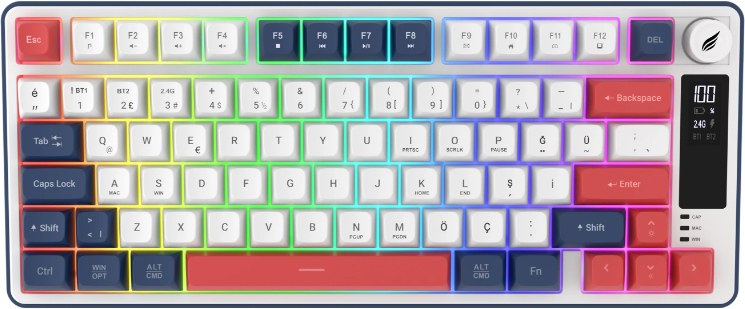 Hawk Gaming HK255BR Membrane LCD RGB Kablosuz/Bluetooth Mavi Kırmızı %75 Türkçe Gaming Klavye
