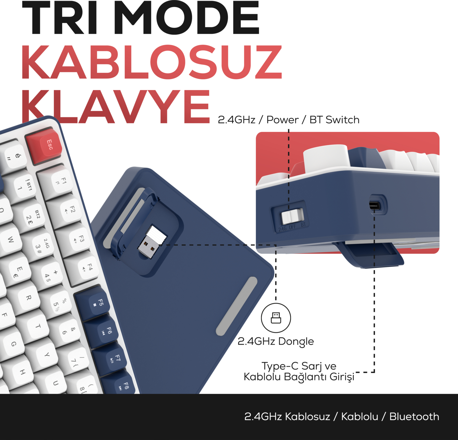 Hawk Gaming HK255BR Membrane LCD RGB Kablosuz/Bluetooth Mavi Kırmızı %75 Türkçe Gaming Klavye