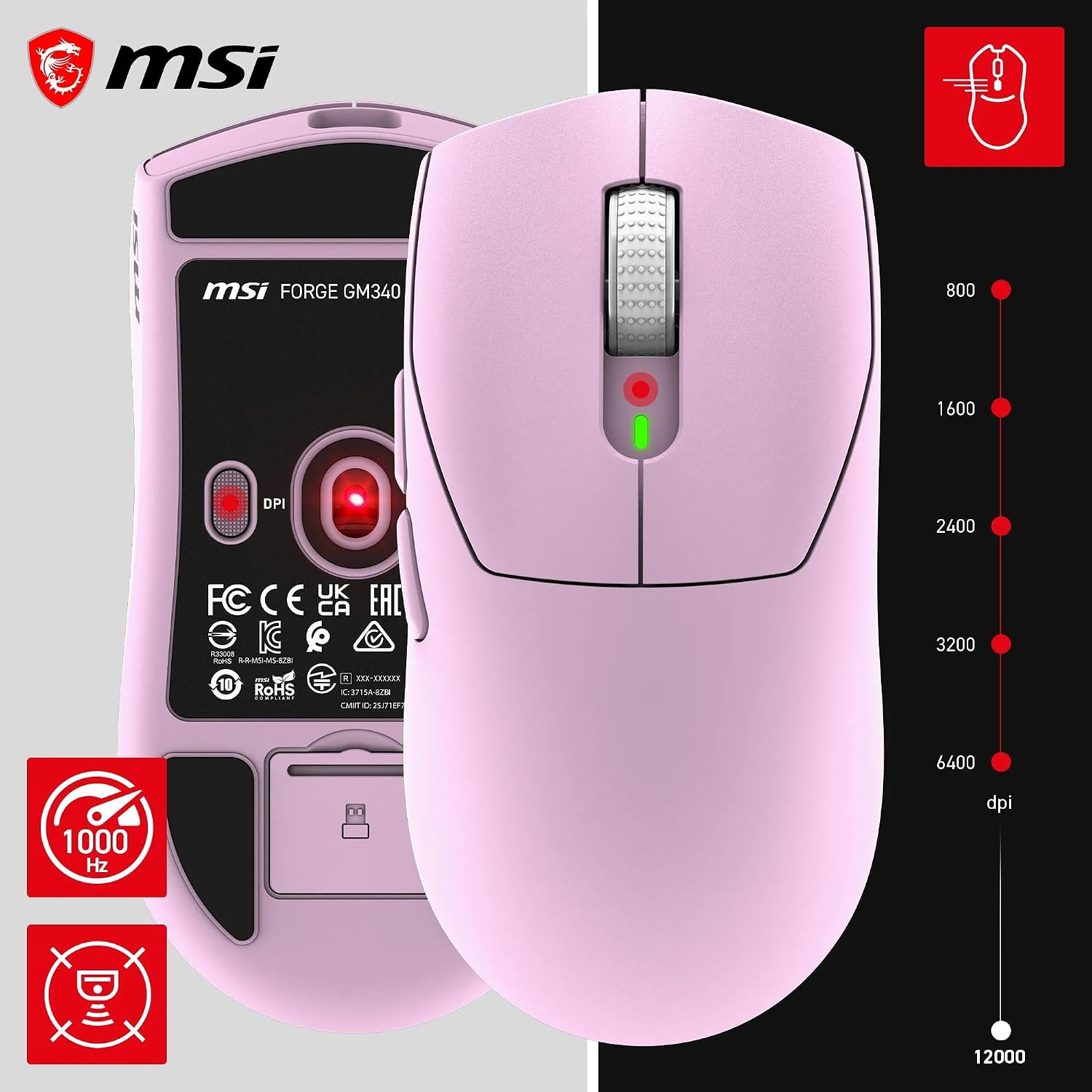 MSI FORGE GM340 Wireless 12000 DPI 1000Hz RGB Kablosuz Violet Gaming Mouse