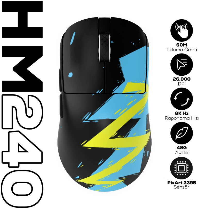 Hawk Gaming HM240 8K Hz 26000 DPI PixArt 3395 Tri-Mode Kablosuz/Bluetooth Siyah Gaming Mouse