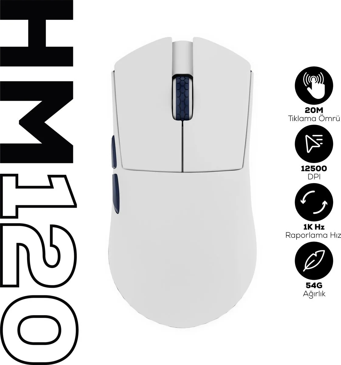 Hawk Gaming HM120 1K Hz 12500 DPI Tri-Mode Kablosuz/Bluetooth Beyaz Gaming Mouse