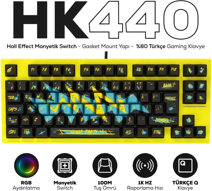 Hawk Gaming HK440 Hall Effect Manyetik Switch Rapid Trigger Sonic RGB 1k Hz 1 Ms Kablolu %75 Gaming Klavye