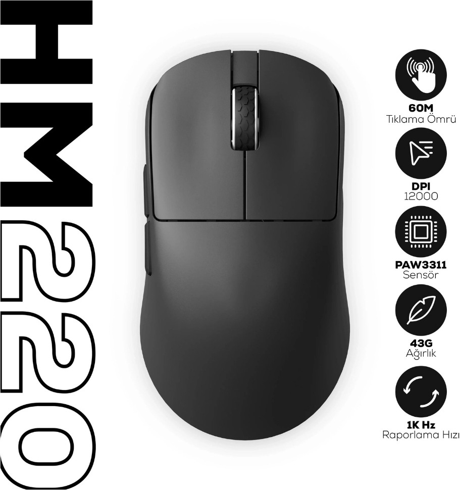 Hawk Gaming HM220 1K Hz 12000 DPI Tri-Mode Kablosuz/Bluetooth Siyah Gaming Mouse