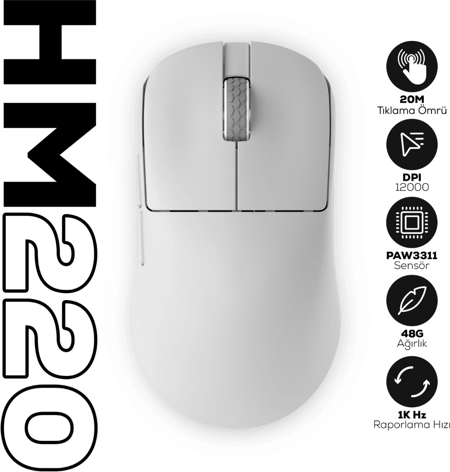Hawk Gaming HM220 1K Hz 12000 DPI Tri-Mode Kablosuz/Bluetooth Beyaz Gaming Mouse