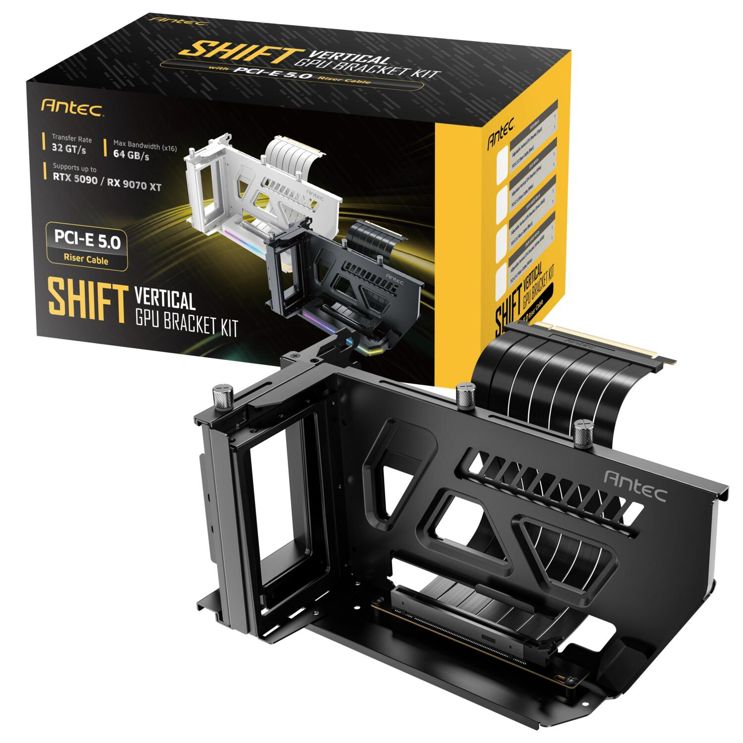 Antec SHIFT ARGB PCIe 5.0 x16 190mm Siyah Dikey Ekran Kartı Montaj Kiti ve Riser Kablo