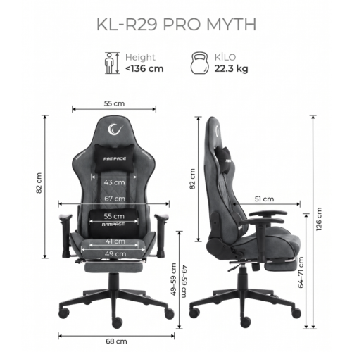 Rampage KL-R29 Myth Pro Üst Seviye Terletmez Kumaş Gri Gaming Oyuncu Koltuğu