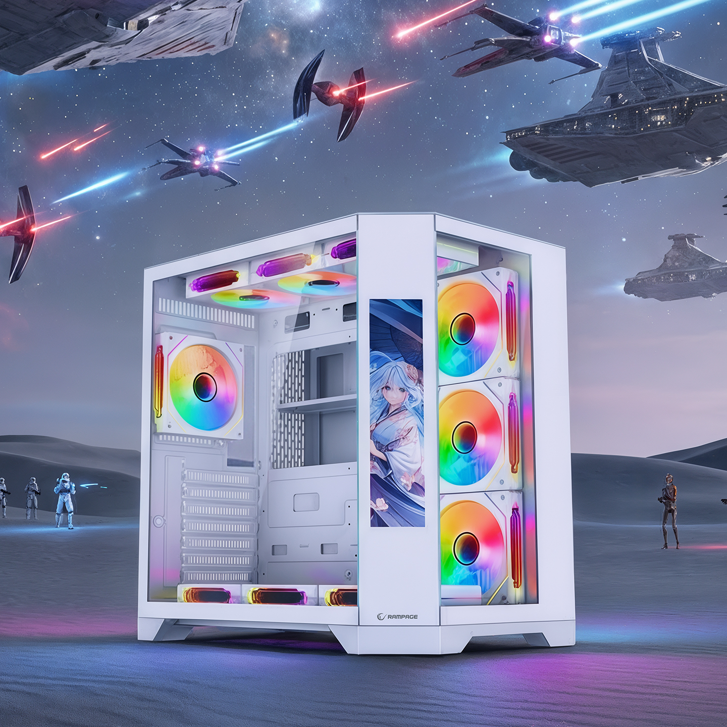 Rampage NOVA 9.16″ Lcd Ekranlı Hub+Kumanda Beyaz 7x12cm ARGB Pwm Fan Gaming Kasası