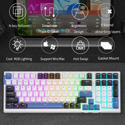 MageGee SKY98 99 Tuş Kablosuz RGB Hot-Swap Gasket Siyah-Beyaz Gaming Klavye 