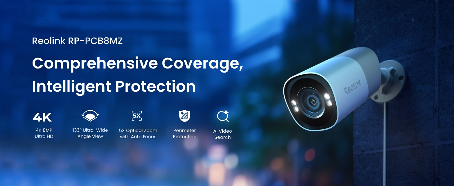 Reolink RP-PCB8MZ Pro Serisi 8 MP 5X Optik Zoom 2.7–13.5 mm Lens PoE Bullet IP Güvenlik Kamerası