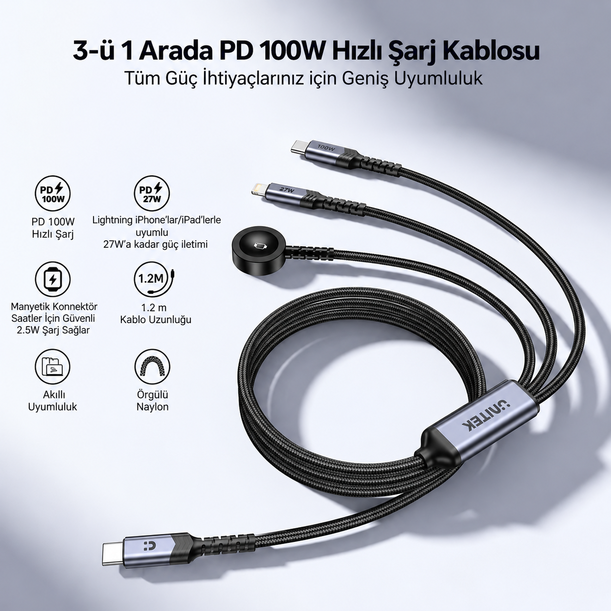 Unitek USB-C 3`ü 1 Arada 100W Hızlı Şarj Kablosu 1.2M (C14180AGY01-1.2M)