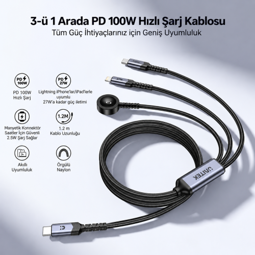 Unitek USB-C 3`ü 1 Arada 100W Hızlı Şarj Kablosu 1.2M (C14180AGY01-1.2M)