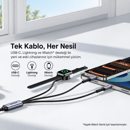 Unitek USB-C 3`ü 1 Arada 100W Hızlı Şarj Kablosu 1.2M (C14180AGY01-1.2M)