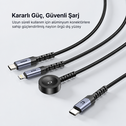 Unitek USB-C 3`ü 1 Arada 100W Hızlı Şarj Kablosu 1.2M (C14180AGY01-1.2M)