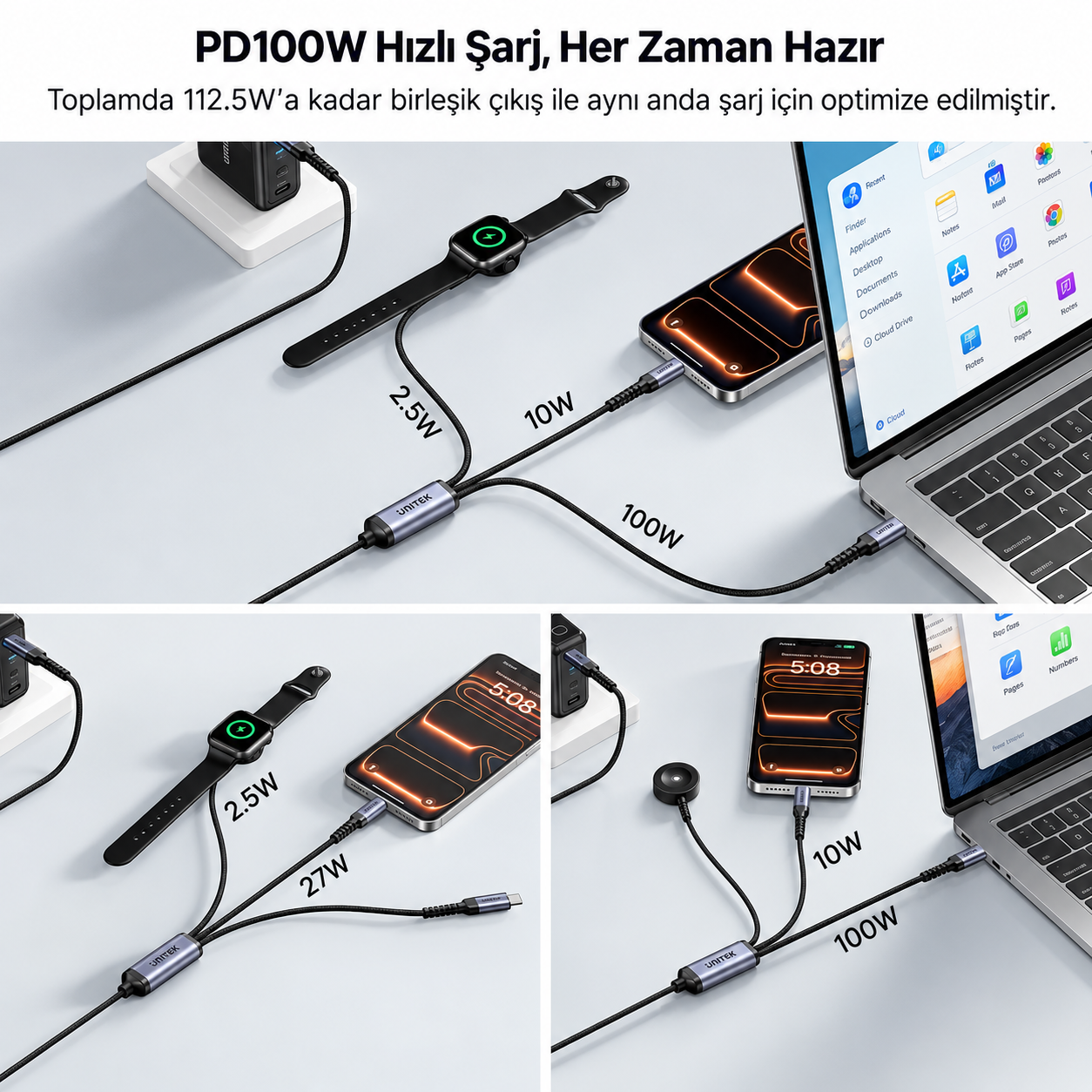 Unitek USB-C 3`ü 1 Arada 100W Hızlı Şarj Kablosu 1.2M (C14180AGY01-1.2M)
