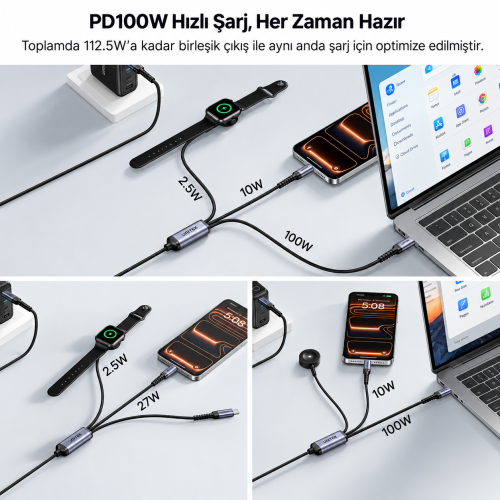 Unitek USB-C 3`ü 1 Arada 100W Hızlı Şarj Kablosu 1.2M (C14180AGY01-1.2M)