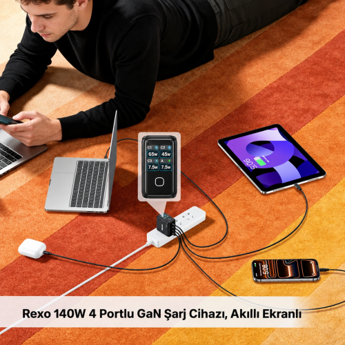 Unitek Rexo 140W 4 Portlu Akıllı Ekranlı GaN Şarj Cihazı (P1132ABK01-EU)