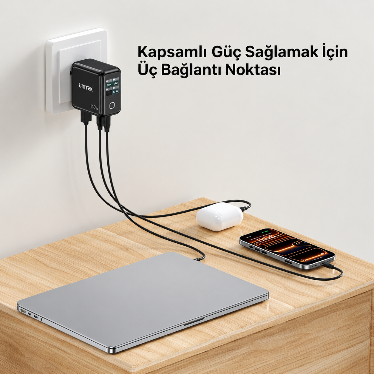 Unitek Rexo 140W 4 Portlu Akıllı Ekranlı GaN Şarj Cihazı (P1132ABK01-EU)