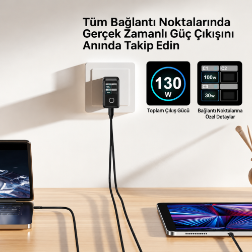 Unitek Rexo 140W 4 Portlu Akıllı Ekranlı GaN Şarj Cihazı (P1132ABK01-EU)