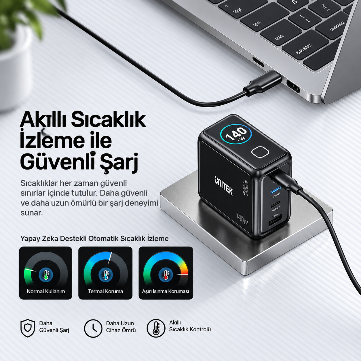Unitek Rexo 140W 4 Portlu Akıllı Ekranlı GaN Şarj Cihazı (P1132ABK01-EU)