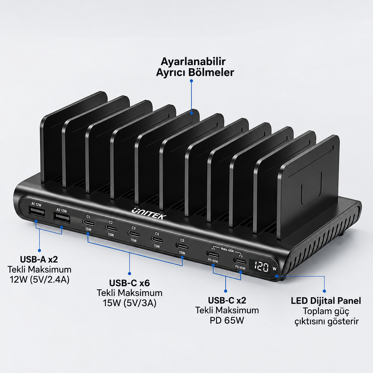Unitek uCharge 120W 10 Bağlantı Noktalı Akıllı Şarj İstasyonu (P1230EBK01-EU)
