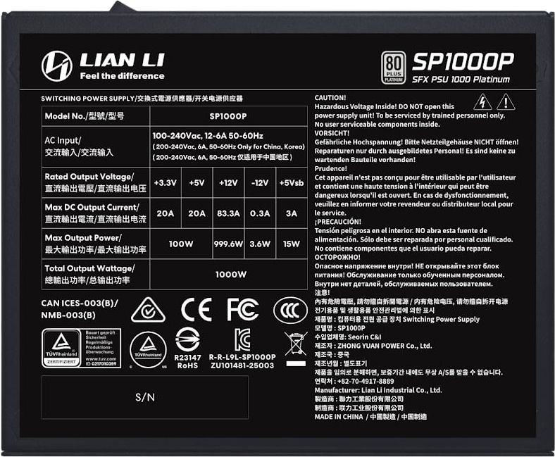 Lian Li SP1000P Siyah 1000W 80+ Platinium ATX POWER SUPPLY (G9P.SP1000P.B000.EU)