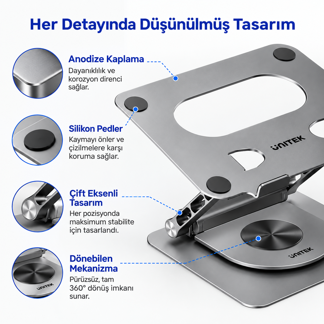 Unitek Çıkarılabilir USB-C Hub`lı Dizüstü Bilgisayar Standı (D1109CGY01)