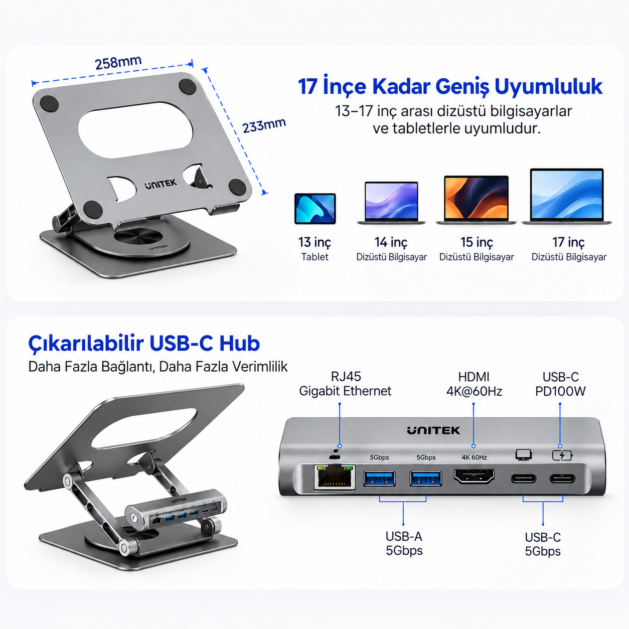 Unitek Çıkarılabilir USB-C Hub`lı Dizüstü Bilgisayar Standı (D1109CGY01)