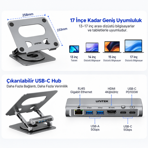 Unitek Çıkarılabilir USB-C Hub`lı Dizüstü Bilgisayar Standı (D1109CGY01)