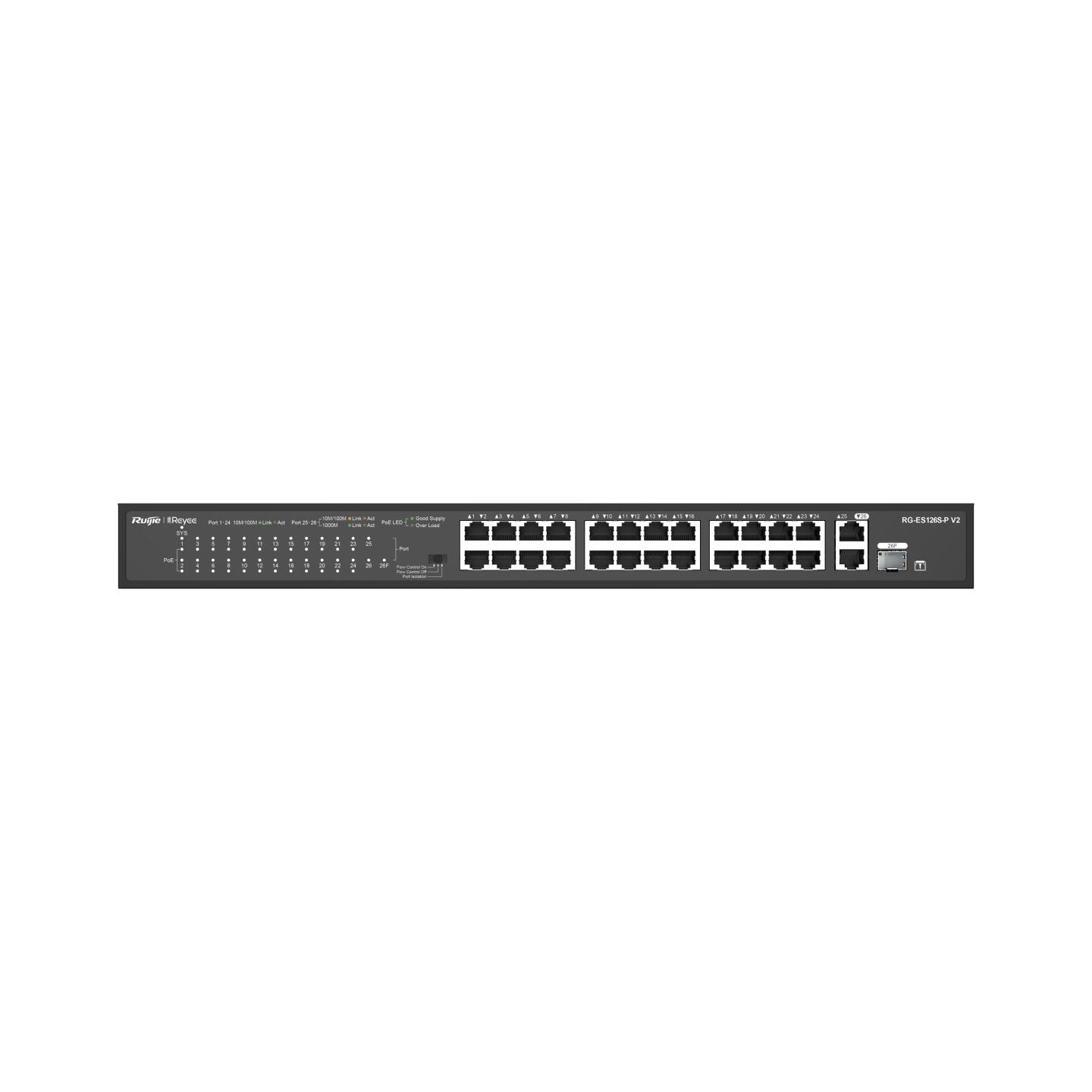 RUIJIE REYEE RG-ES126S-P 24 Port 10/100Mbps 2 Port Gigabit 370W PoE+ Yönetilemez Switch