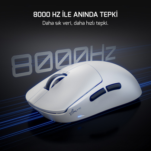 GamePower Flow Pro 8K PAW3395 26.000DPI Optik Switch Kablosuz Beyaz Gaming Mouse (Grip Tape ve Skatez Hediyeli)