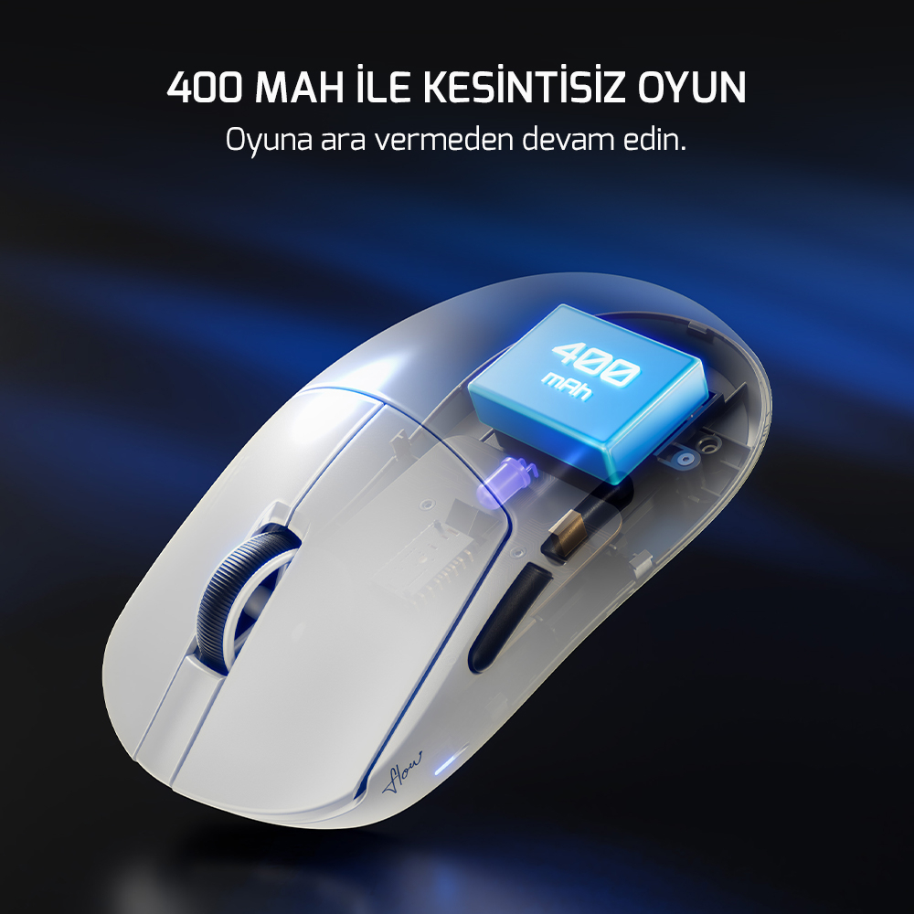 GamePower Flow Pro 8K PAW3395 26.000DPI Optik Switch Kablosuz Beyaz Gaming Mouse (Grip Tape ve Skatez Hediyeli)