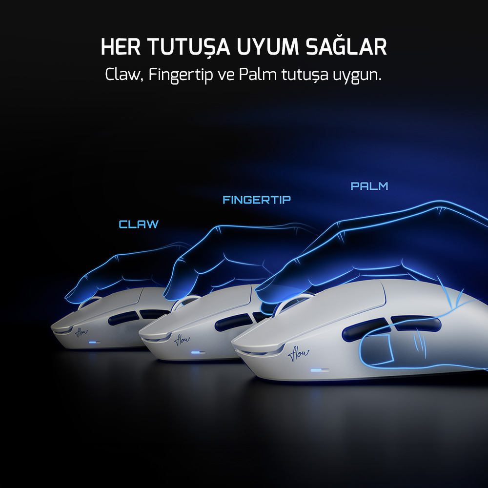 GamePower Flow PAW3315 16.000DPI Mekanik Switch Kablosuz Beyaz Gaming Mouse (Grip Tape ve Skatez Hediyeli)